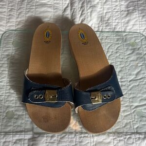 Dr. Scholl's Blue Leather Mules with Gold Buckle
